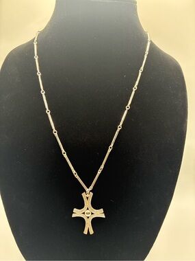 Textured Silver Cross Pendant Necklace with Decorative Chain